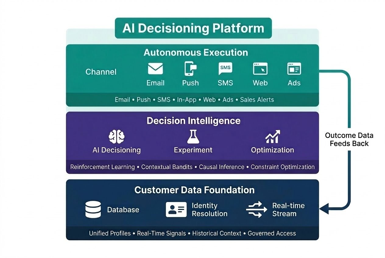 AI decisioning three-layer architecture: customer data foundation, decision intelligence, and autonomous execution