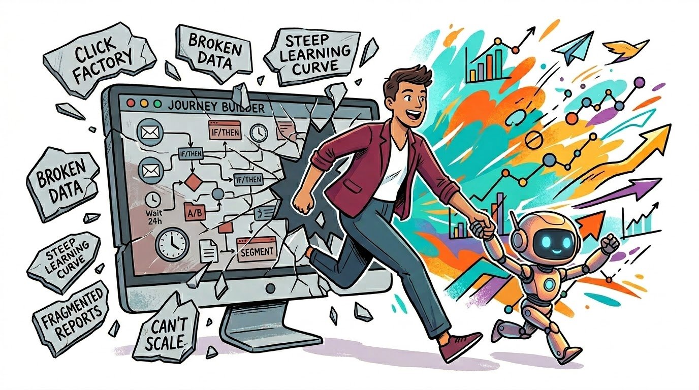 marketer and AI breaking free from legacy marketing automation journey builder with five pain points: click factory, broken data, steep learning curve, fragmented reports, cant scale