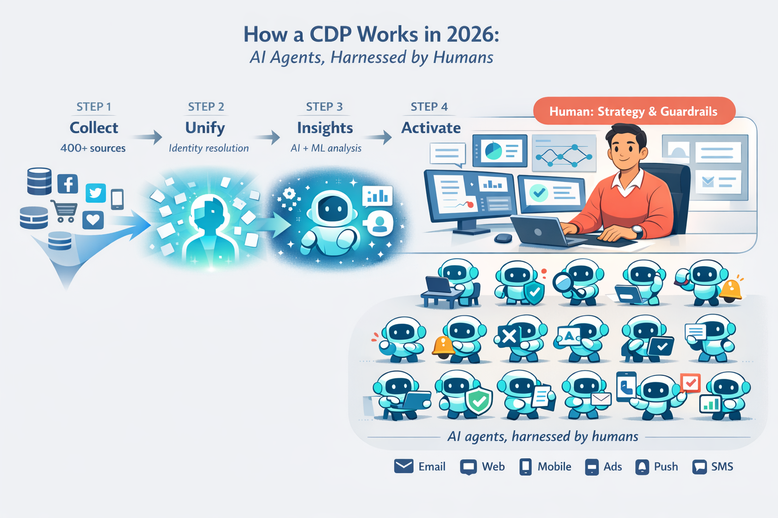 How a CDP works in 4 steps: Collect data from 400+ sources, Unify into identity-resolved profiles, generate AI-powered Insights, then Activate across every channel — with one human marketer setting strategy and guardrails while 12 AI agents autonomously execute tasks like email personalization, bid optimization, A/B testing, and lead scoring in parallel