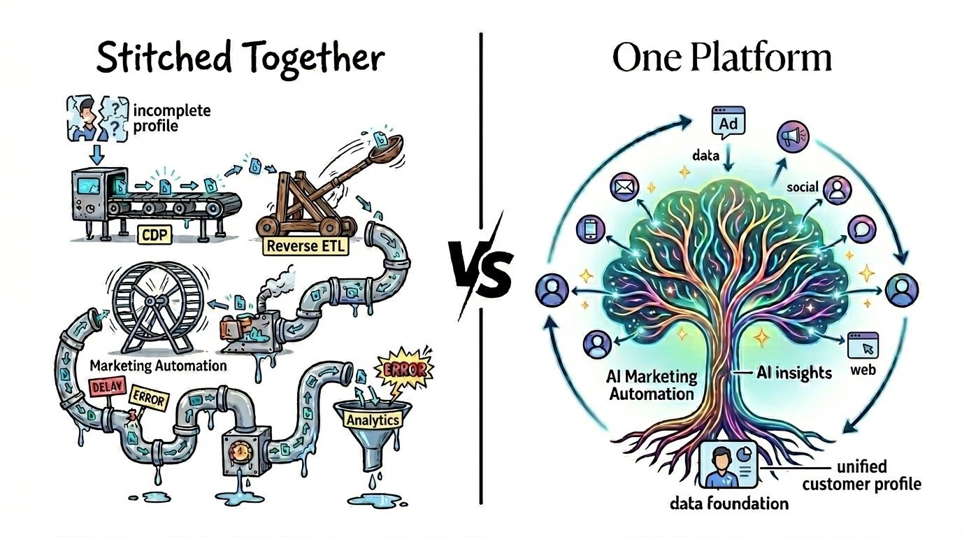fragmented marketing stack with cdp esp and analytics stitched together versus unified ai marketing automation platform