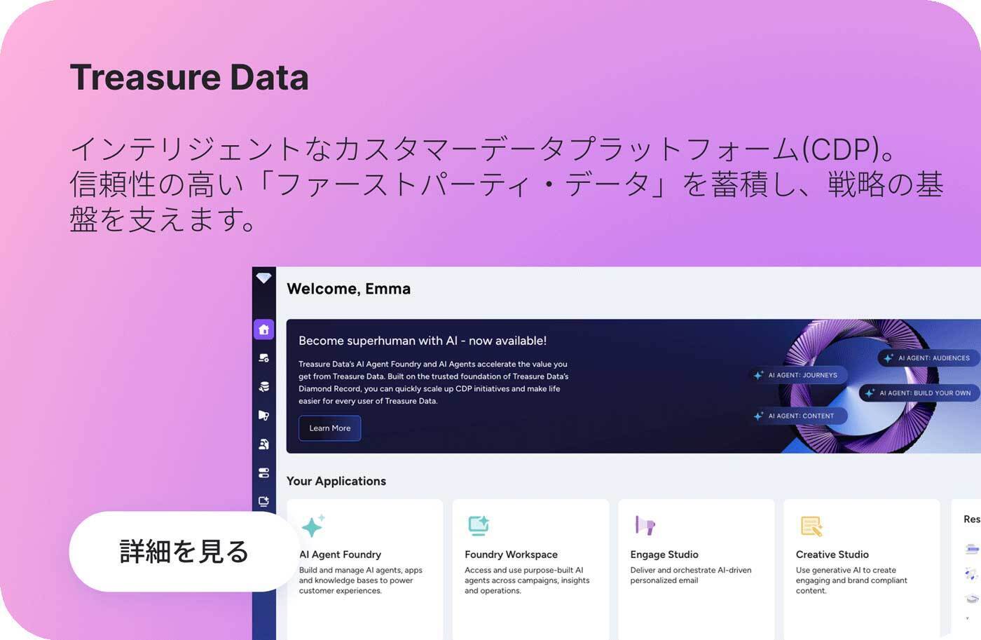 Treasure Data インテリジェントなカスタマーデータプラットフォーム（CDP）。信頼性の高い「ファーストパーティ・データ」を蓄積し、戦略の基盤を支えます。