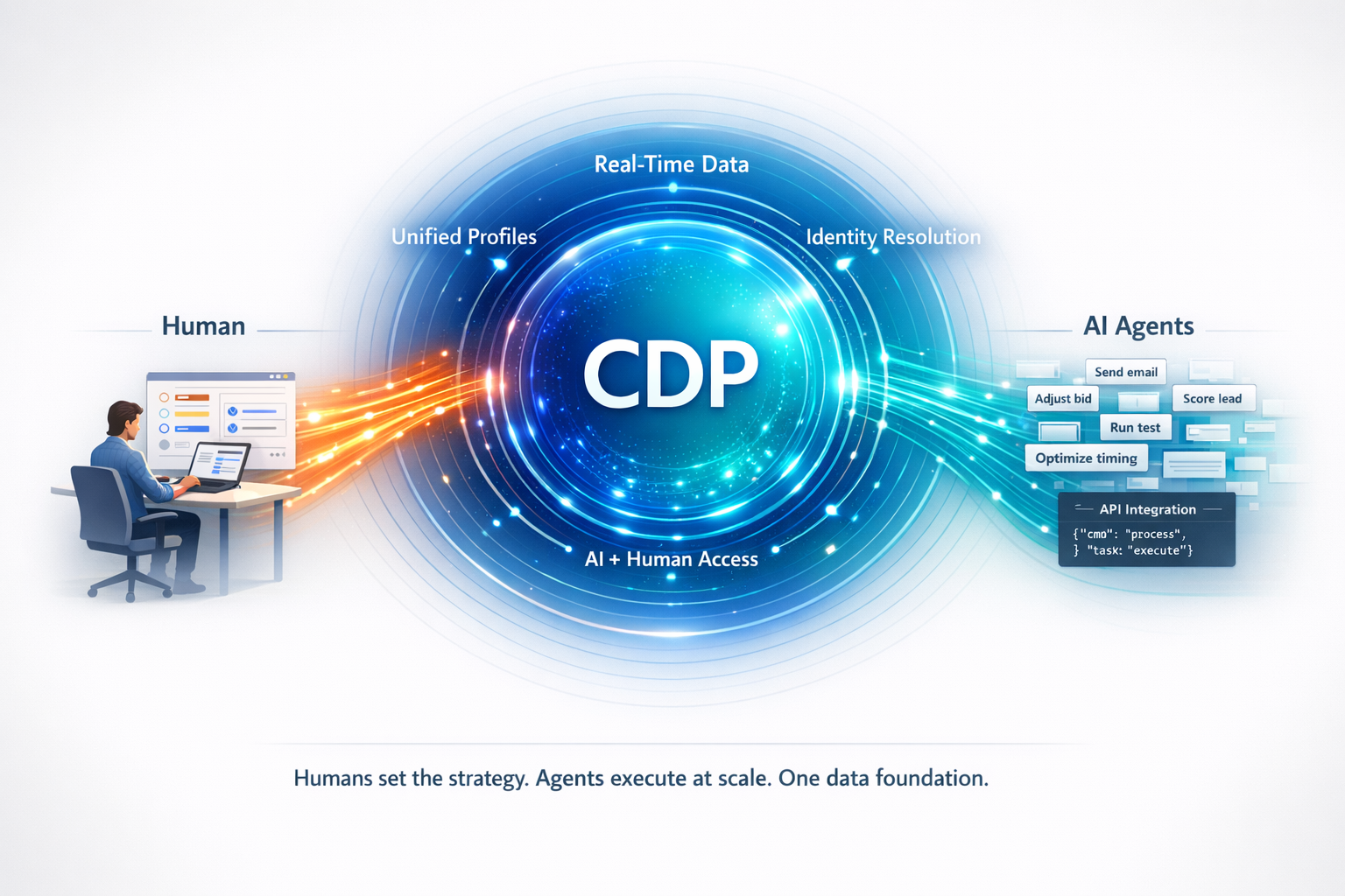 CDP as the central data foundation in 2026: human marketers access unified profiles through dashboards for strategy, while AI agents access the same CDP through APIs for autonomous execution at scale — one platform serving both
