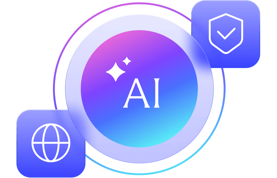 Icons representing the ideas of AI, global reach, and security.