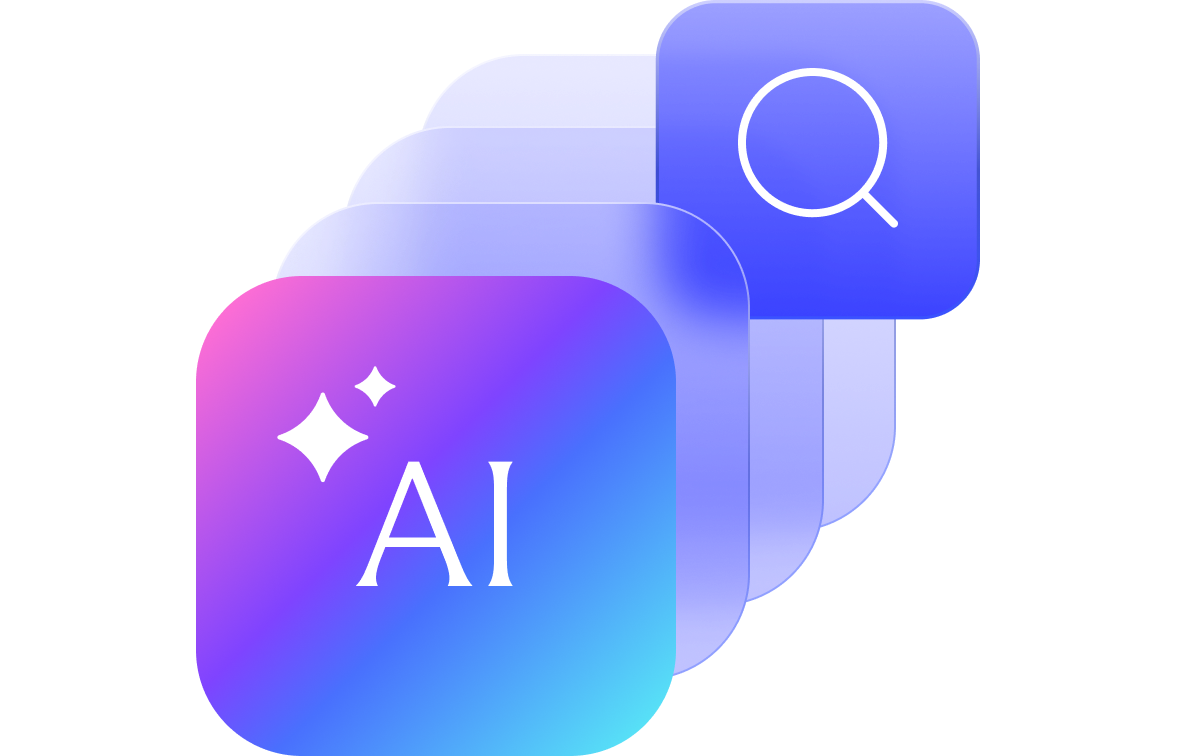 Icons representing AI and search functionality.