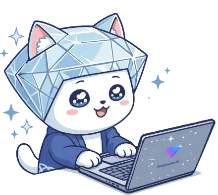 Treasure AI mascot using a laptop