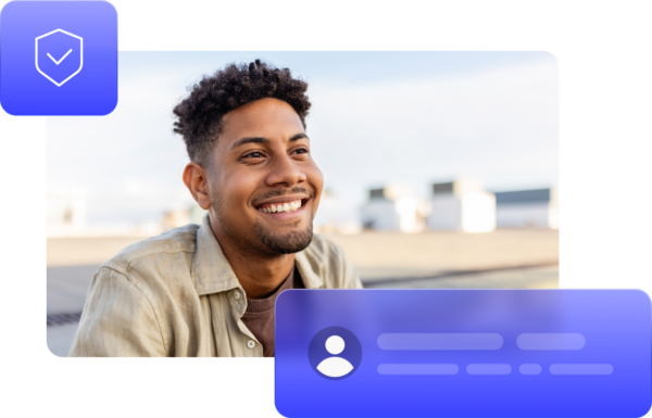 Person smiling outside a warehouse on a sunny day with digital graphics overlay.