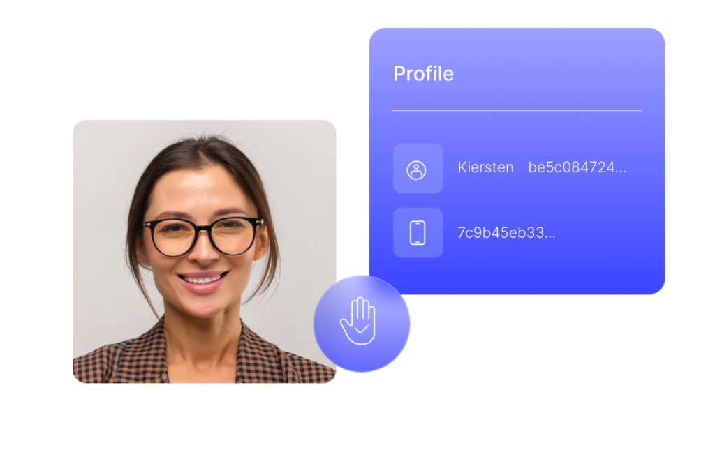 Person smiling in blazer with graphic showing their control over their data access.