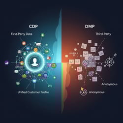 A graphic illustrating the difference between a Customer Data Platform (CDP), which unifies first-party customer data, and a Data Management Platform (DMP), which aggregates anonymous third-party data for ad targeting.