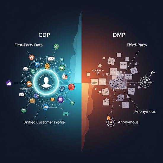 A graphic illustrating the difference between a Customer Data Platform (CDP), which unifies first-party customer data, and a Data Management Platform (DMP), which aggregates anonymous third-party data for ad targeting.