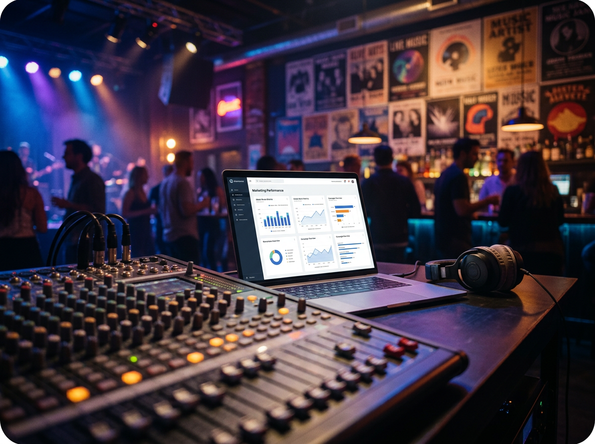 Mixing console and laptop with marketing dashboards in a lively music venue.