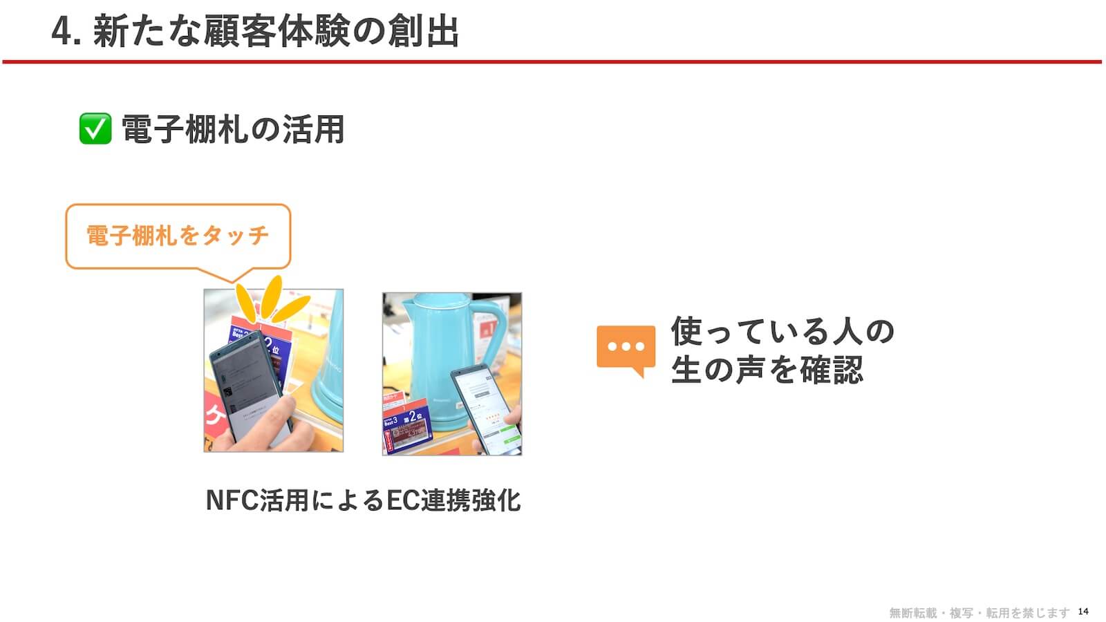 電子棚札の活用：スマートフォンで電子棚札をタッチすることで、NFC活用によるEC連携が強化され、使っている人の生の声（レビュー）を確認できる。